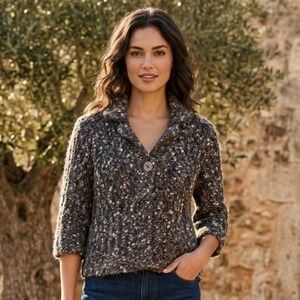 Vintage Carole Little Wool Alpaca Mohair Blend Knit Cardigan Brown Grey M